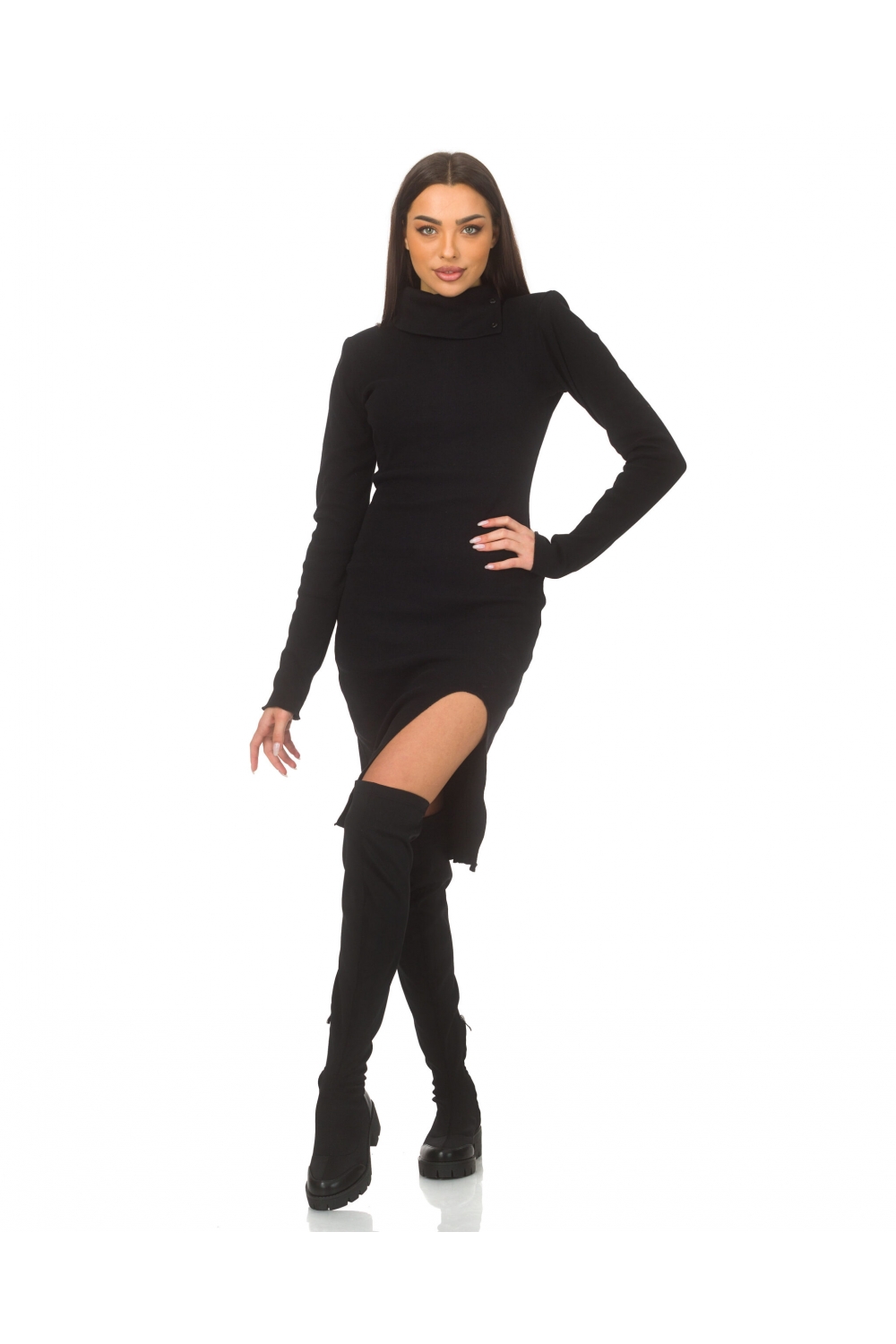 Black stretchy dress with a polo collar Comfort Black