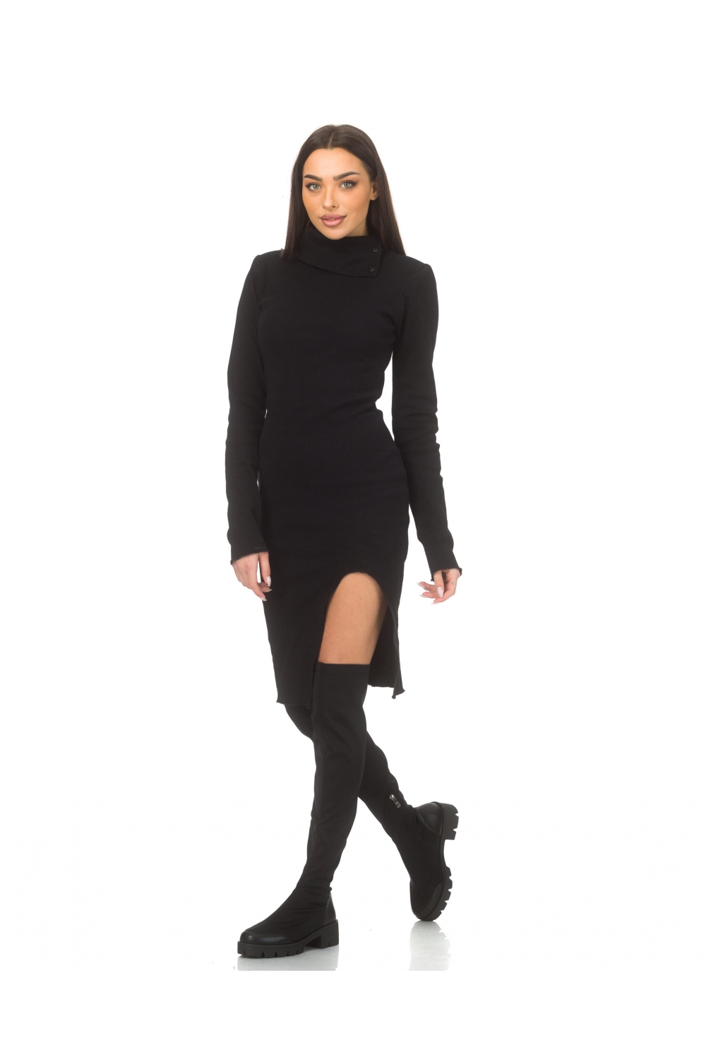 Black stretchy dress with a polo collar Comfort Black