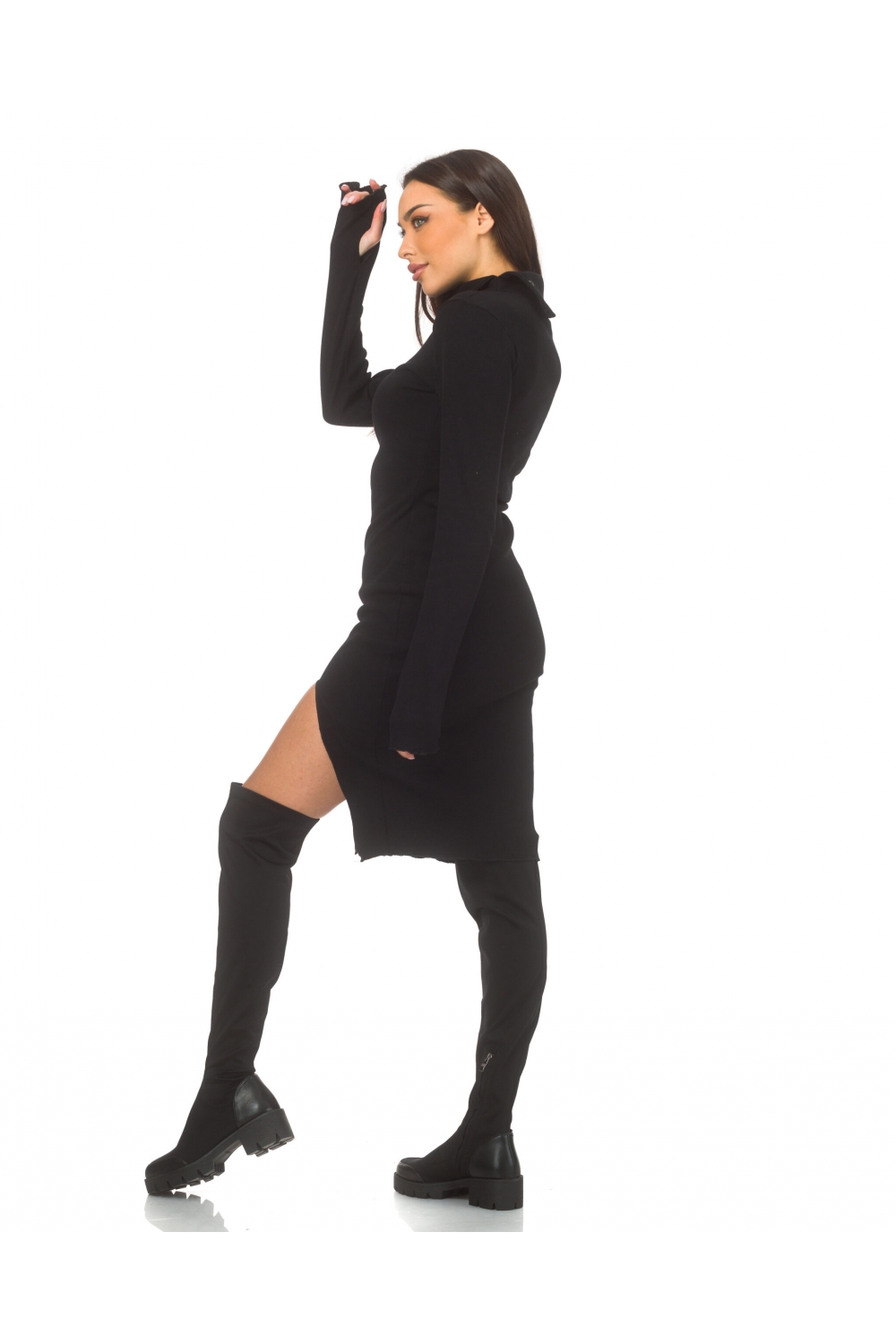 Black stretchy dress with a polo collar Comfort Black