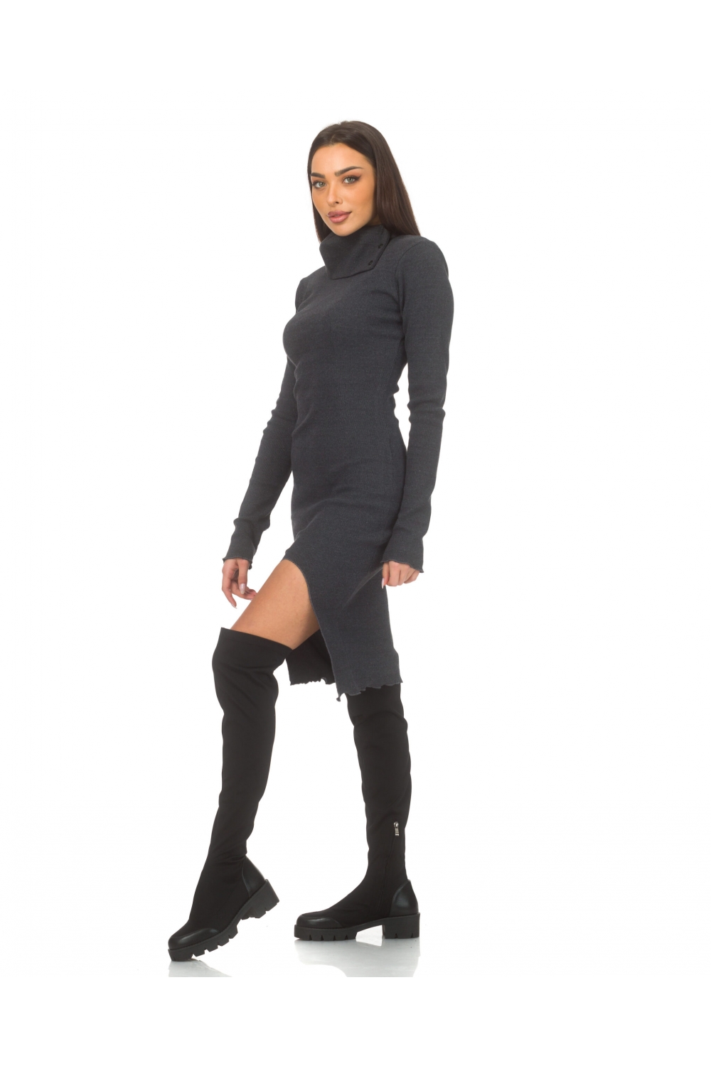 Grey stretchy dress with a polo collar Comfort