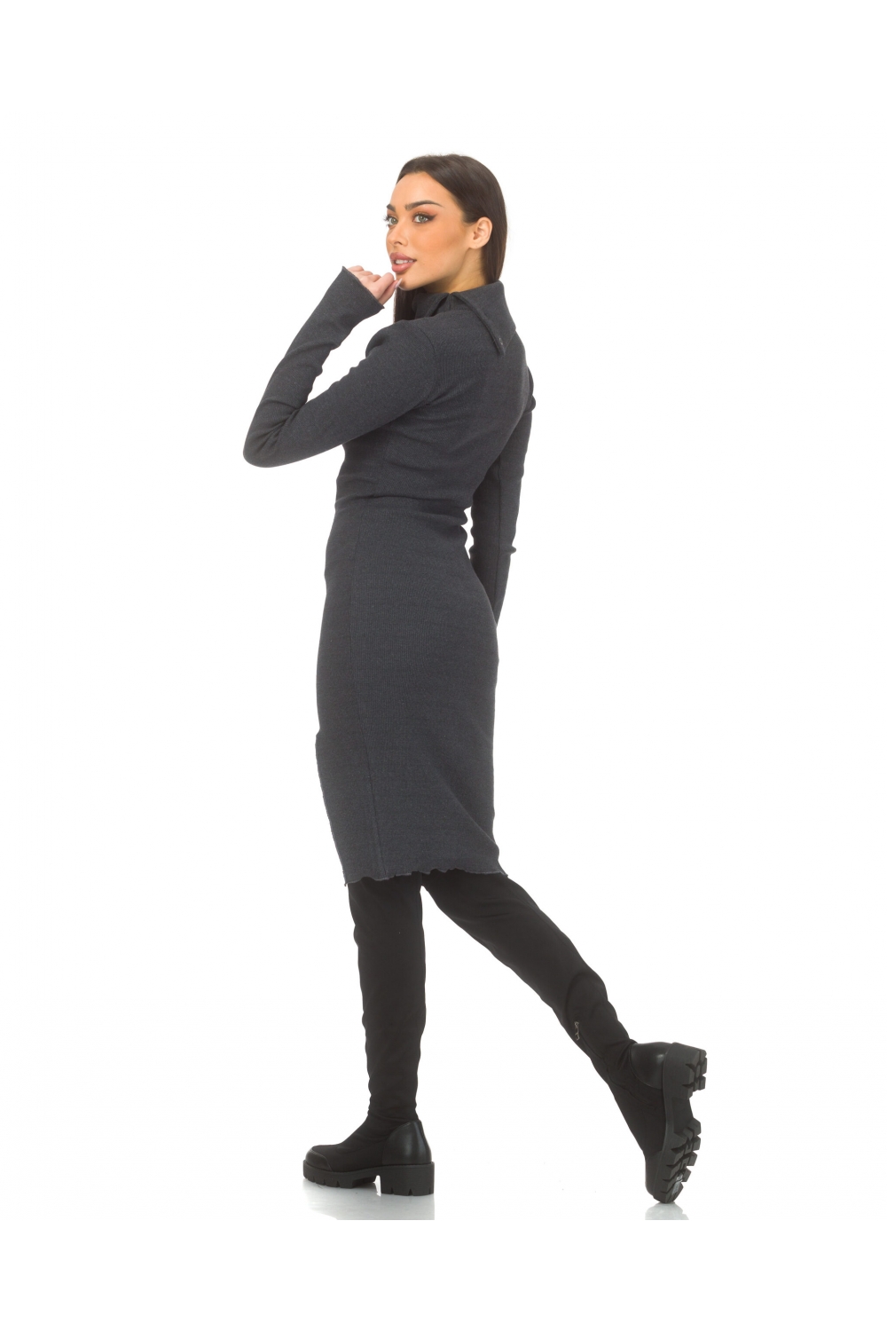 Grey stretchy dress with a polo collar Comfort
